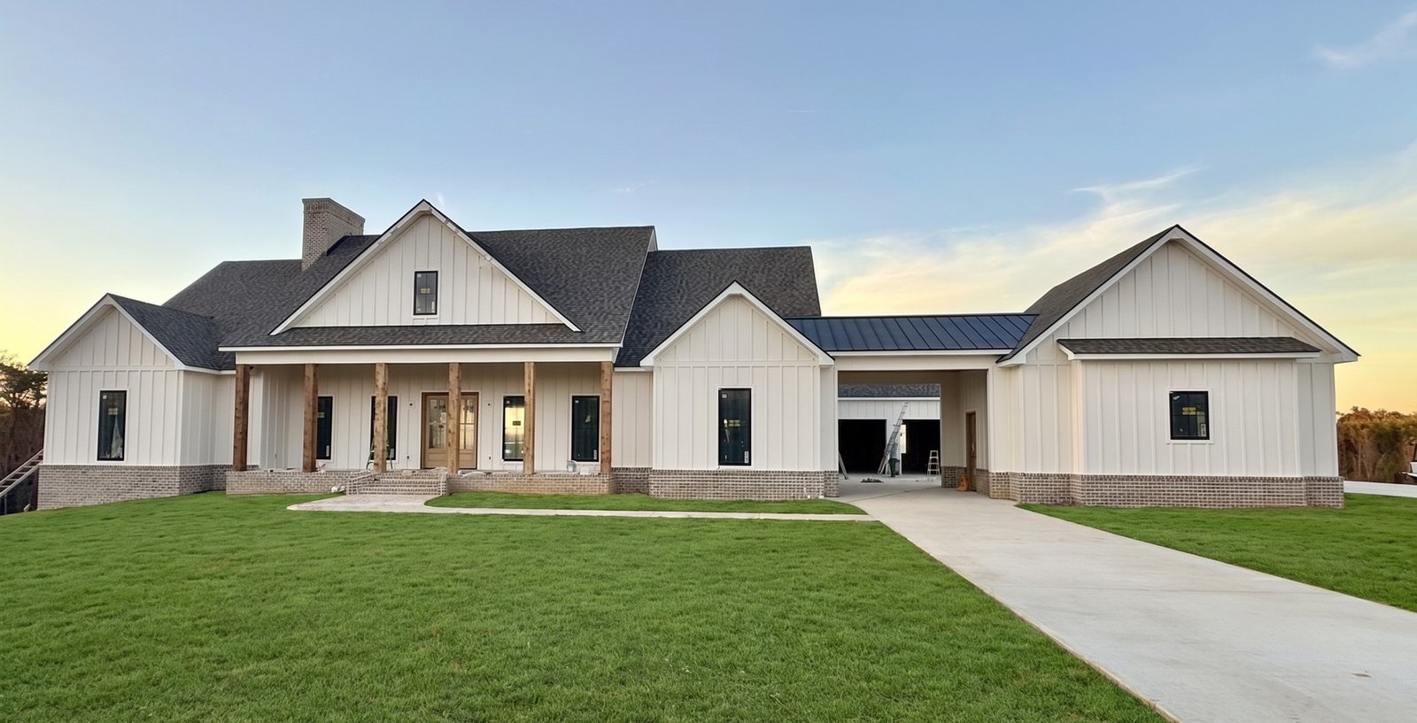 Custom home in Winston-Salem with a newly landscaped green front lawn at dusk
